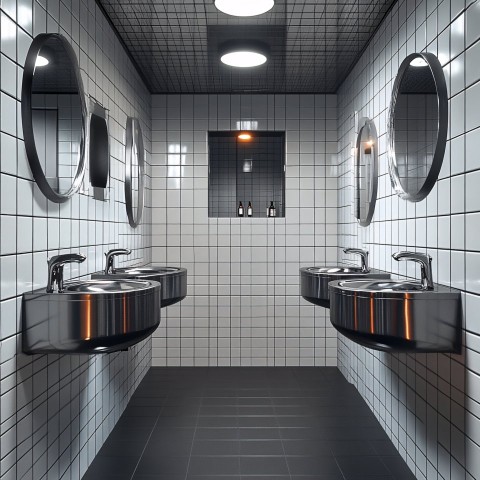 Minimalist Commercial Bathroom with Black Tiles and Stainless Steel Sinks