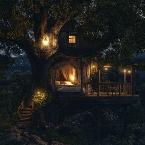 One Room Inside a Giant Tree at Night