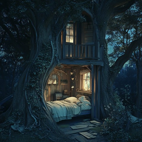 Cozy Room Inside Giant Tree at Night