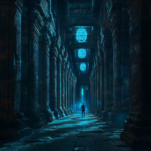 Ancient Temple Interior with Glowing Bluish Symbols