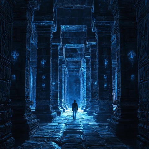 Inside an Ancient Temple with Glowing Bluish Symbols