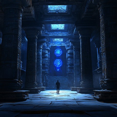 Ancient Temple Interior with Bluish Glowing Symbols