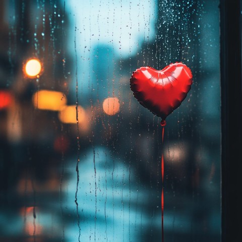 Heart Balloon Outside a Rainy Window with Sad Atmosphere