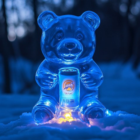 Blue Gummy Bear with Energy Drink on Snow Base