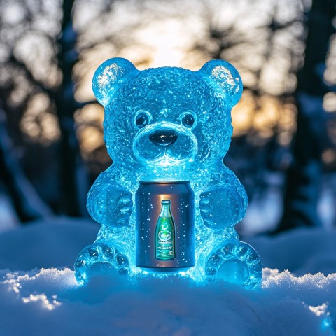 Blue Gummy Bear Holding Energy Drink on LED-Lit Snow Base