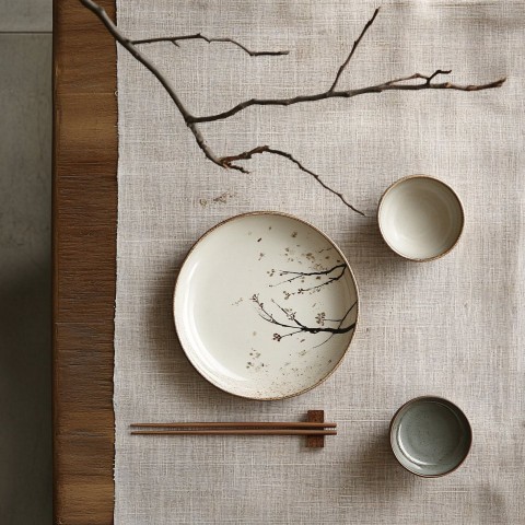 Chinese Dining Table with Light Brown Finish and Chopsticks