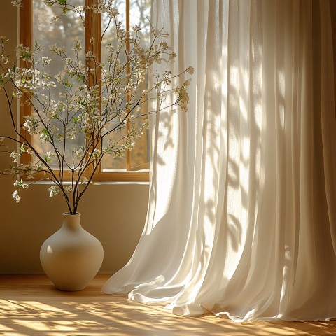 Minimalist White Linen Curtains with Window and Vase