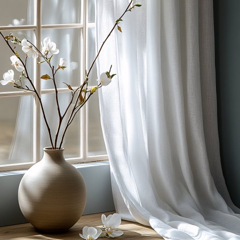 White Linen Curtains with Window and Vase