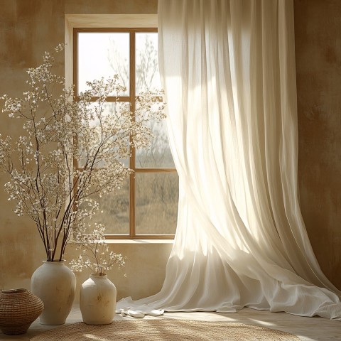 White Linen Curtains with Natural Light and Vase