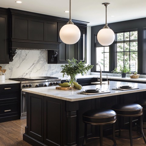 Black Modern Kitchen with Dark Blue Wall Color