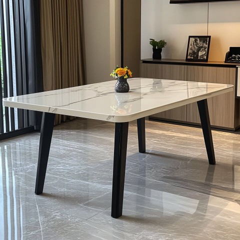 White Six-Seat Dining Table with Black Lathe Legs