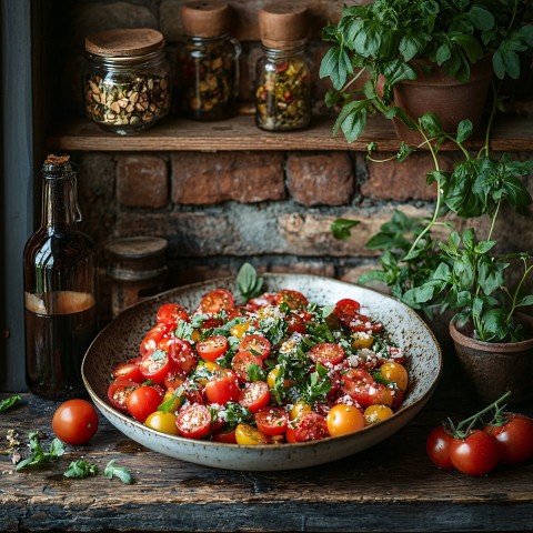 Rustic Salad with Red Brick Background Food Photography