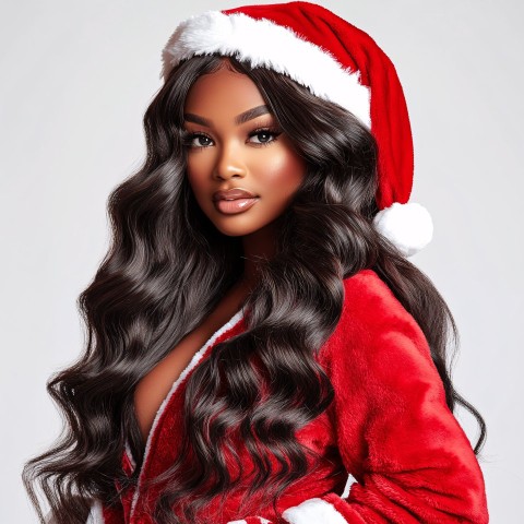 African American Woman in Festive Christmas Pajamas and Santa Hat