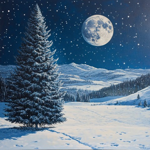 Snowy Night Landscape with Glowing Moon and Christmas Tree