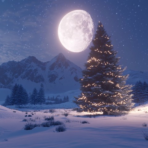 Snowy Night Landscape with Christmas Tree and Glowing Moon