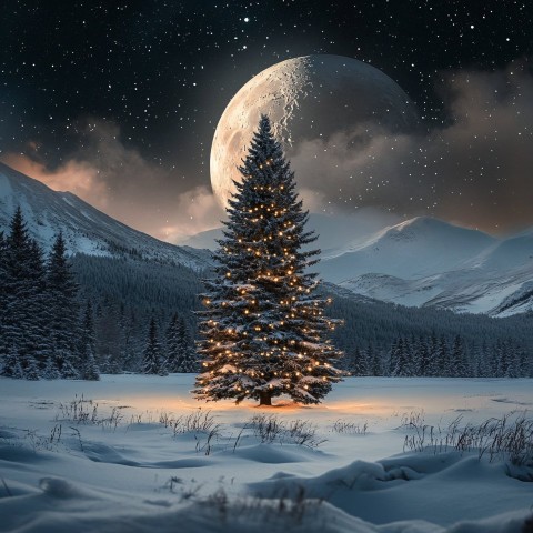 Snowy Night Scene with Christmas Tree and Glowing Moon