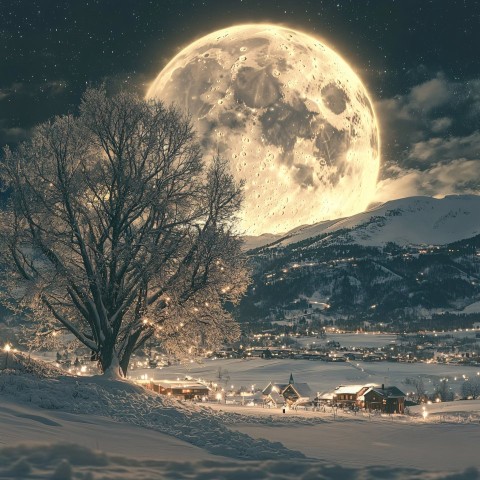 Snowy Night Landscape with Rotating Moon and Christmas Tree