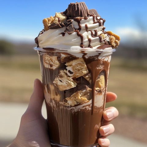 Chocolate Peanut Butter Shake in Hands, Macro Shot