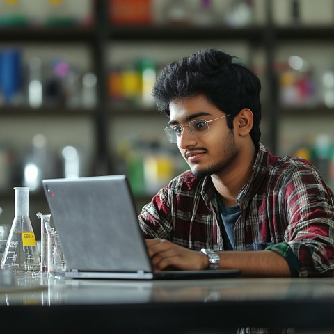 Indian Student Learning Chemistry with Laptop Animation