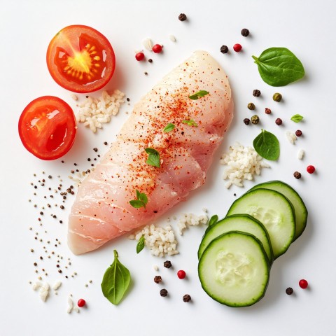 Raw Chicken Fillet with Tomato and Cucumber Top View