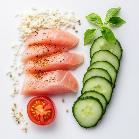 Raw Chicken Fillet with Tomato, Cucumber, and Rice Cereal