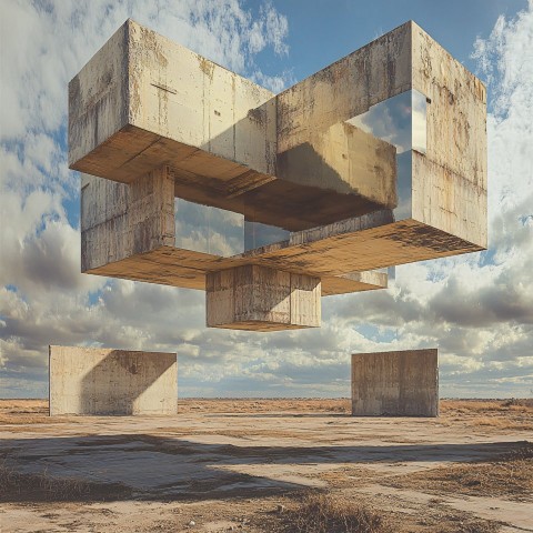 Floating Modern Installation Over Abandoned War-Torn Wasteland