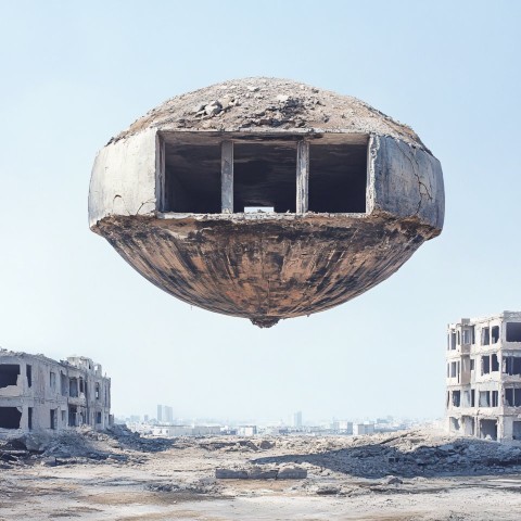 Floating Abstract Installation Over War-Torn Abandoned Wasteland