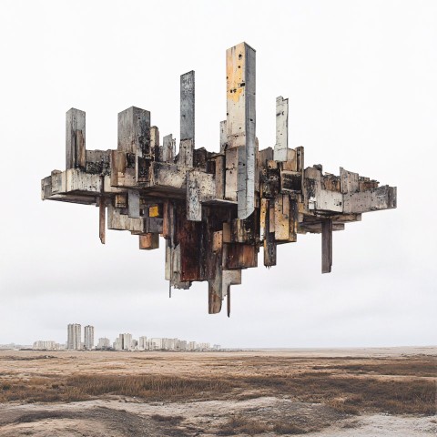 Floating Abstract Art Installation Over Abandoned War Wasteland