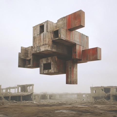 Floating Abstract Installation Over Post-War Abandoned Wasteland