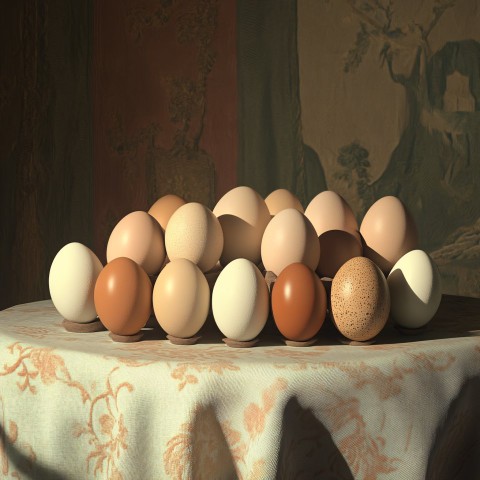 Multiple Eggs Displayed on Wooden Table Surface