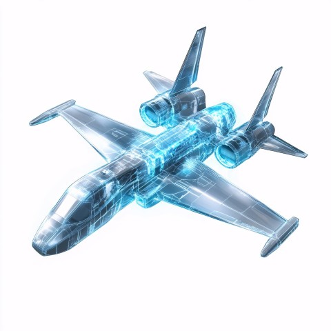 Realistic Blue Hologram Airplane on White Background