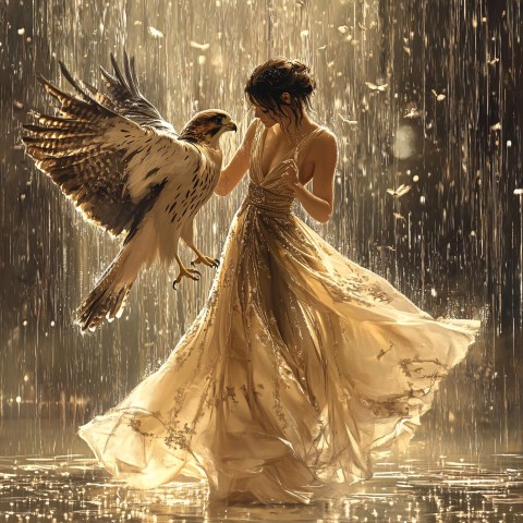 Dancing Woman and Falcon in Rainy Landscape