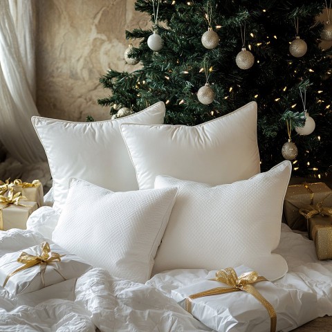 White Pillows and Quilts Under Christmas Tree