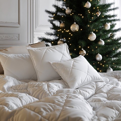 White Pillows and Quilts Under Christmas Tree Decor