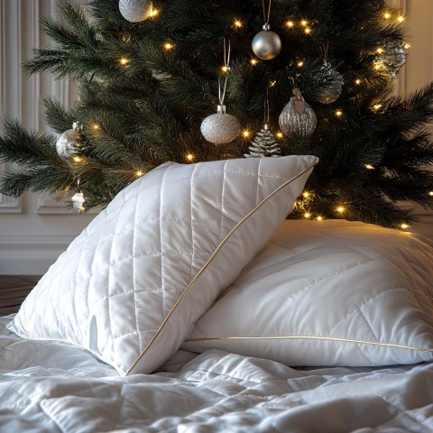 White Pillows and Quilts Under Christmas Tree Scene