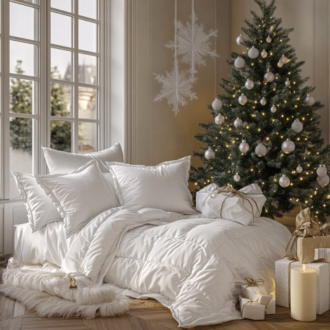 White Quilts and Pillows Beneath Christmas Tree Decor