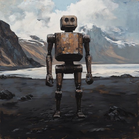 Robot on Norwegian Black Sand Beach, Goya Style