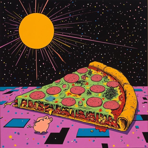 Disco-Themed Pizza Illustration with Sneaky Pigs Elements