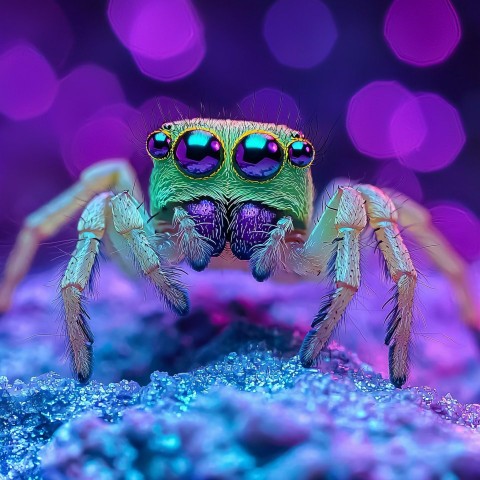 Green and Purple Jumping Spider Close-Up Macro Image