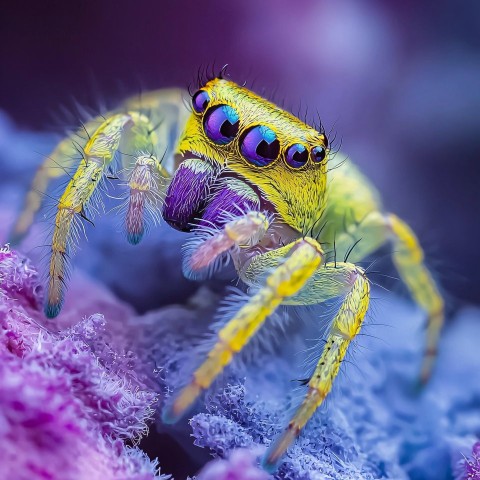 Green and Purple Jumping Spider Macro on Gradient Background