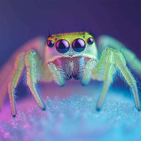 Macro Close-Up of Green and Purple Jumping Spider