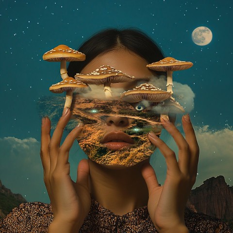 Woman with Mushrooms Growing from Eyes Surreal Artwork