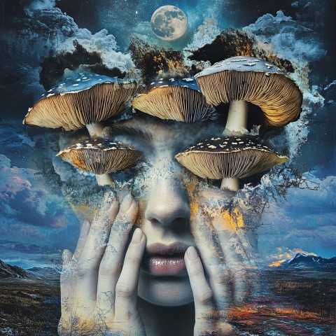 Surreal Woman Face with Mushrooms and Hands Eyes