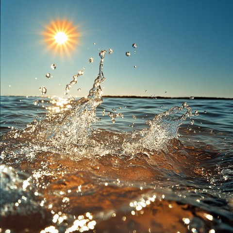 Water Splash with Sun Reflection and Blue Sky