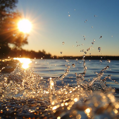 Sunlit Water Splash in Tranquil Lake Setting