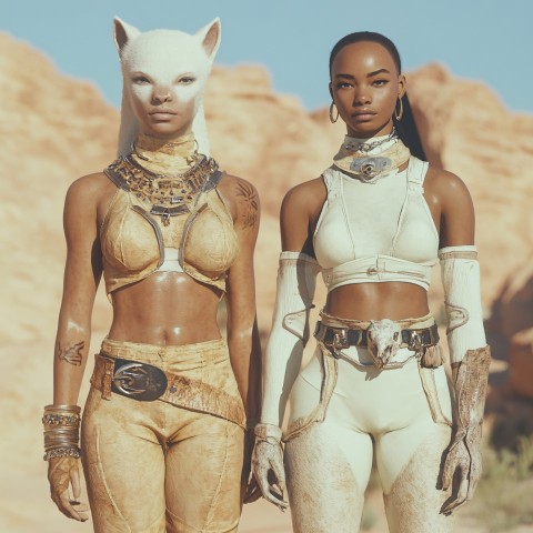 Two Fantasy Women in Desert, Bunnycore Costumes Rendered in Cinema4D