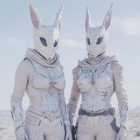 Two Women in Desert with Fantasy Bunnycore Costumes