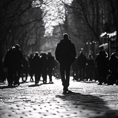 Pedestrian Walking on Quiet Street Among a Group