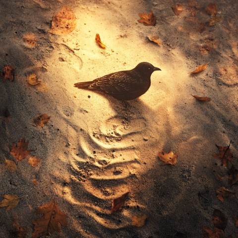 Bird Shape Drawn in Sand with Autumn Leaves