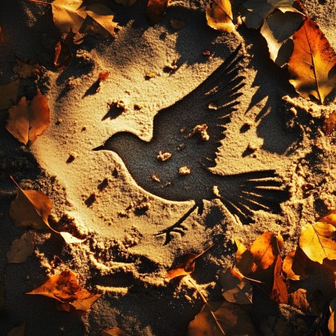 Bird Shape Drawn in Sand with Autumn Leaves